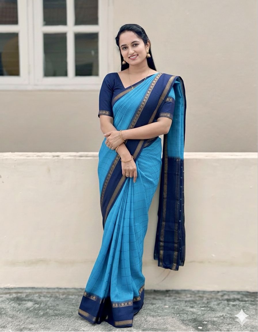 Soft Mysore Silk Saree – All Over Chex Design with Contrast Zari Borders.