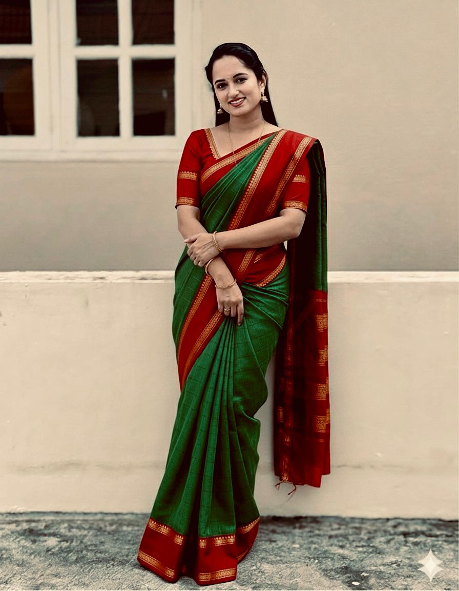 Soft Mysore Silk Saree – All Over Chex Design with Contrast Zari Borders.