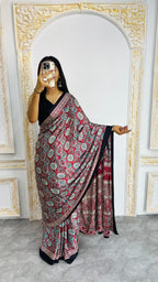 Semi Gajji Silk Saree with Ajrakh Print Border & Rich Pallu