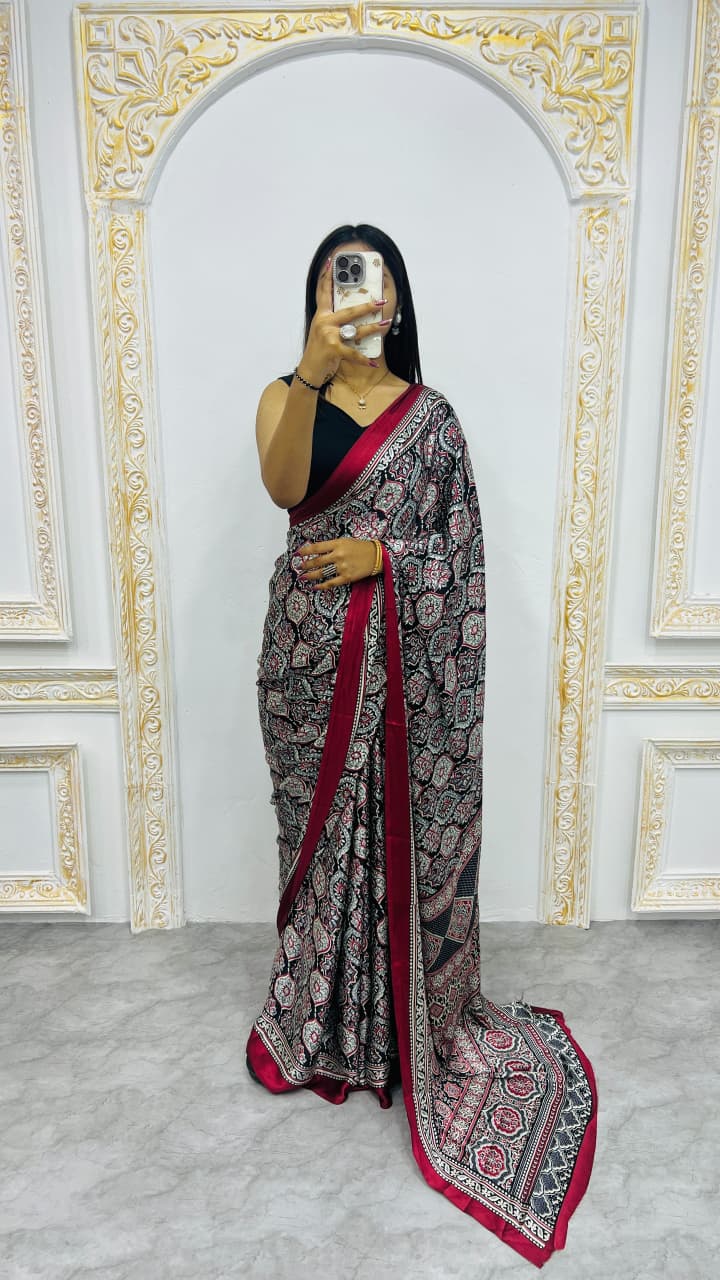Semi Gajji Silk Saree with Ajrakh Print Border & Rich Pallu