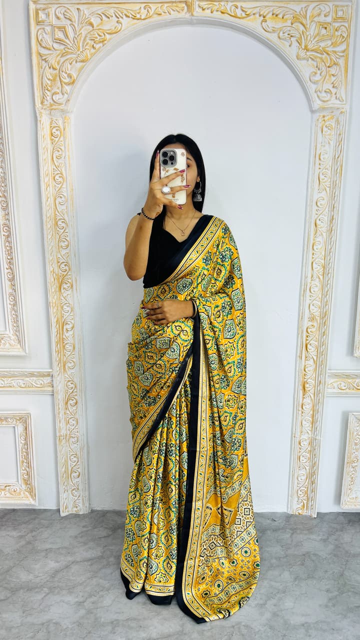 Semi Gajji Silk Saree with Ajrakh Print Border & Rich Pallu
