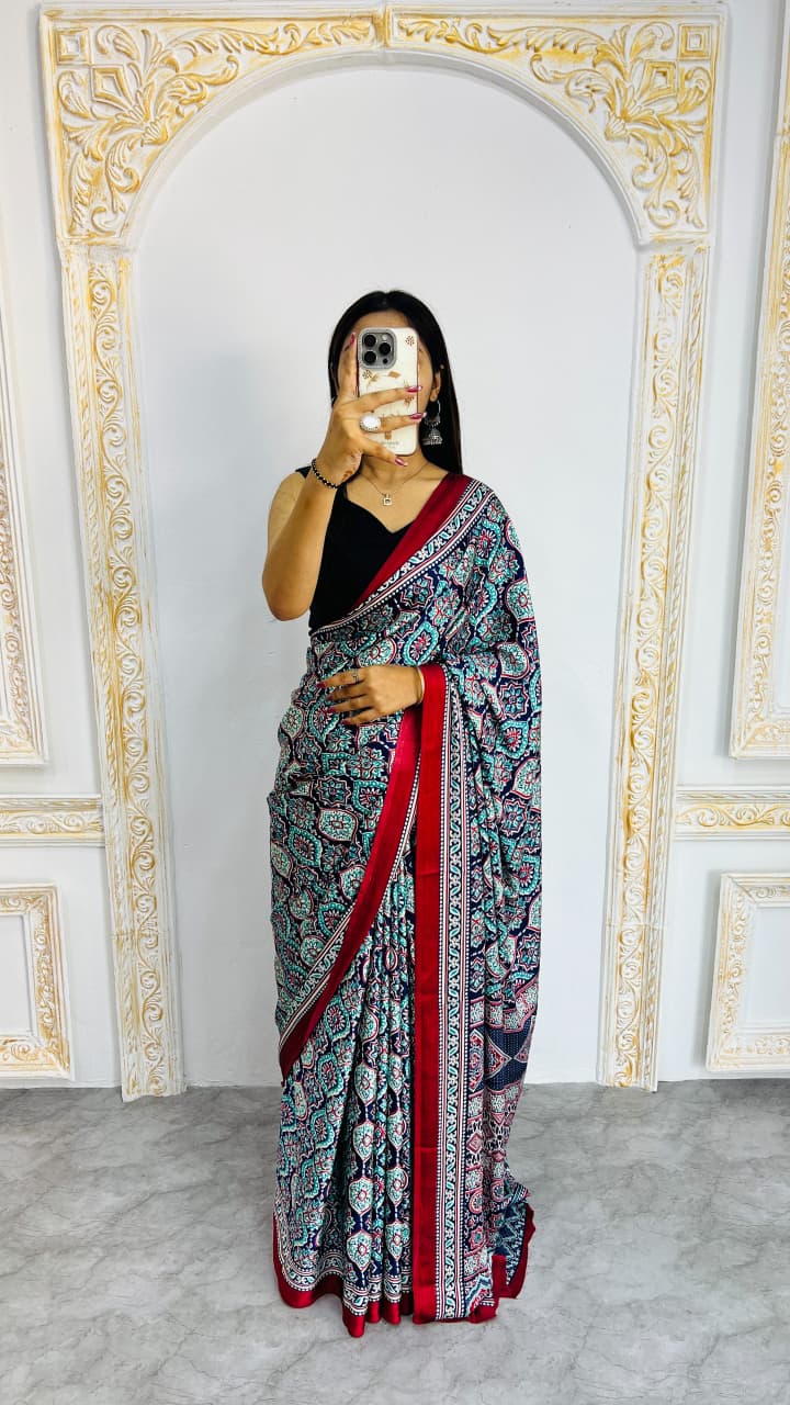 Semi Gajji Silk Saree with Ajrakh Print Border & Rich Pallu