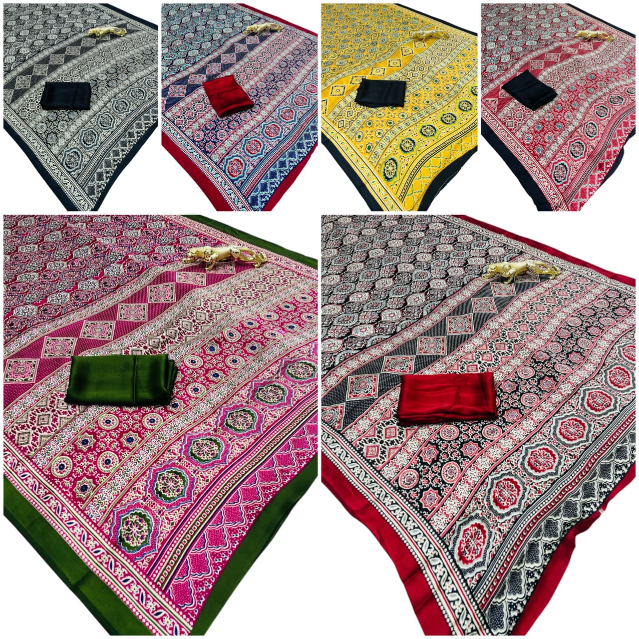 Semi Gajji Silk Saree with Ajrakh Print Border & Rich Pallu