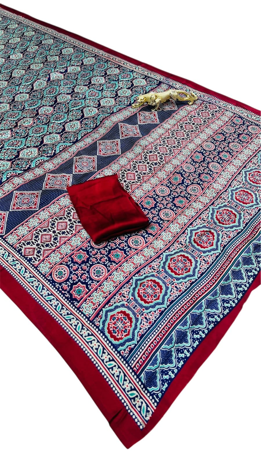 Semi Gajji Silk Saree with Ajrakh Print Border & Rich Pallu