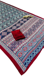 Semi Gajji Silk Saree with Ajrakh Print Border & Rich Pallu