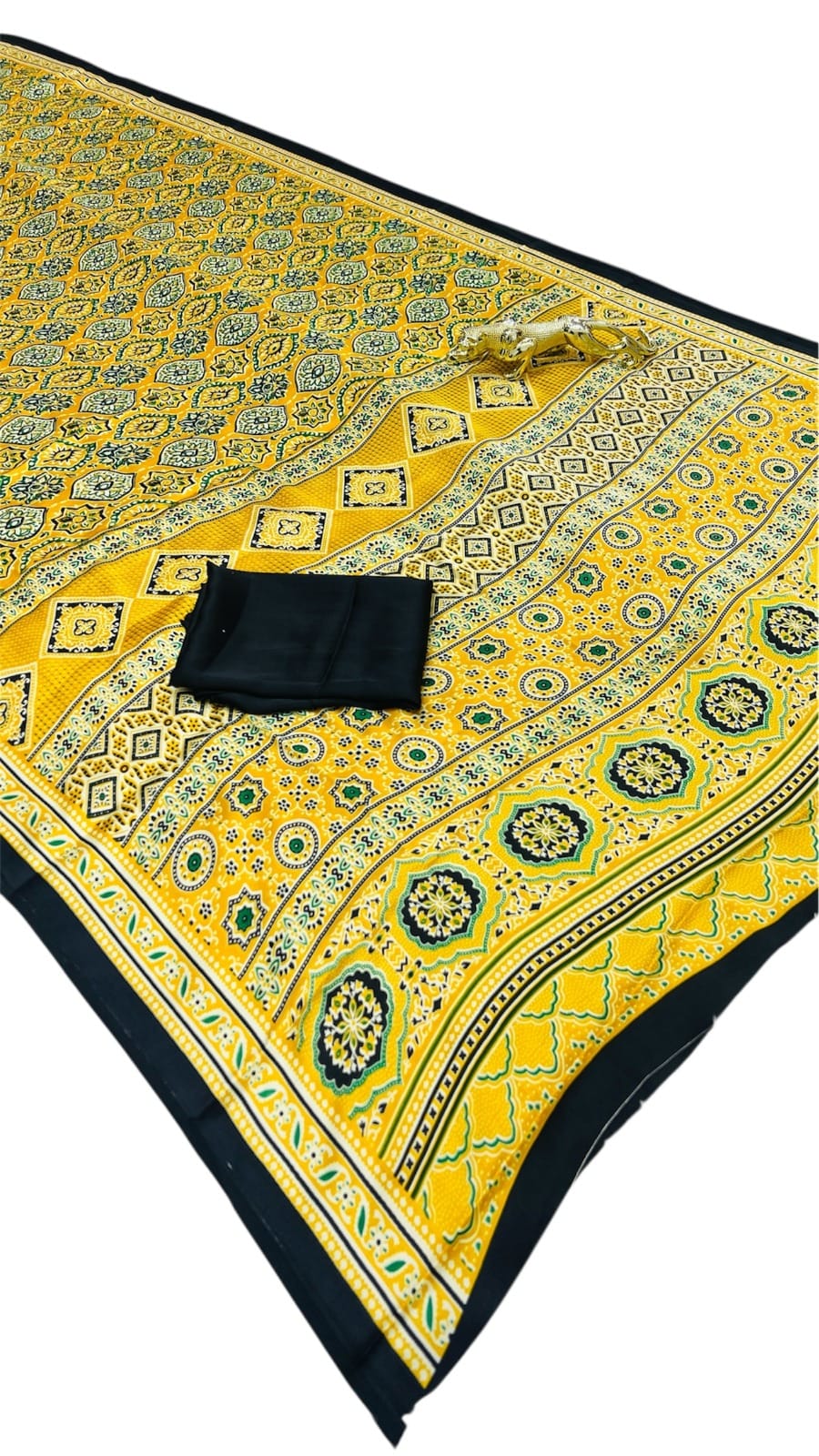 Semi Gajji Silk Saree with Ajrakh Print Border & Rich Pallu