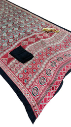Semi Gajji Silk Saree with Ajrakh Print Border & Rich Pallu