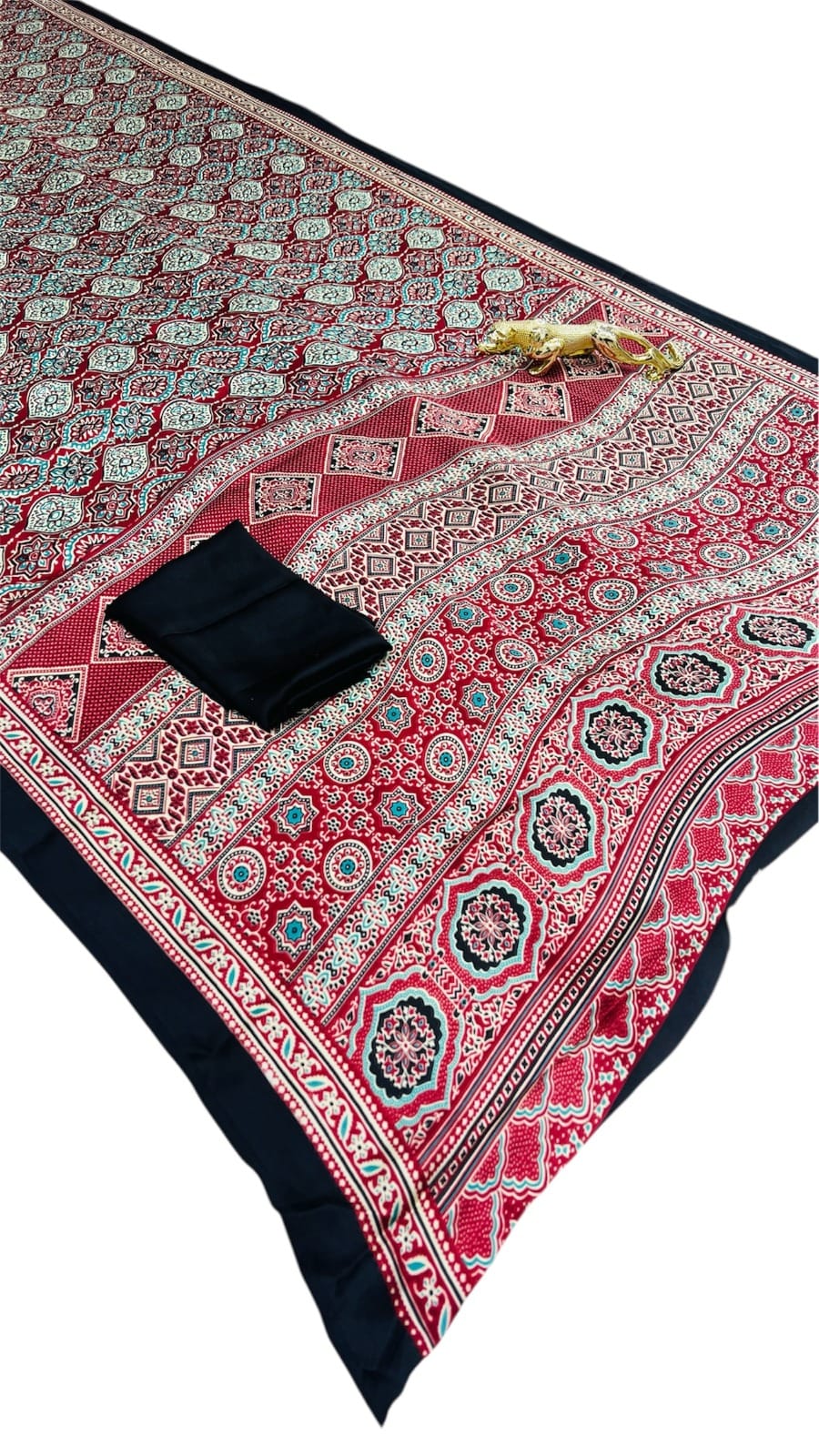 Semi Gajji Silk Saree with Ajrakh Print Border & Rich Pallu