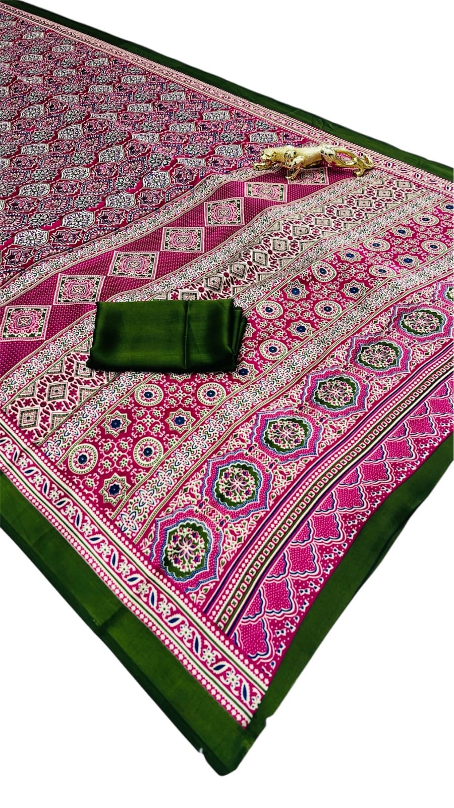 Semi Gajji Silk Saree with Ajrakh Print Border & Rich Pallu