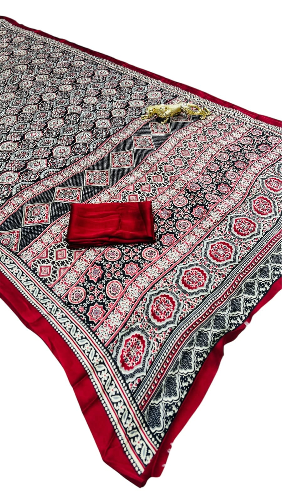 Semi Gajji Silk Saree with Ajrakh Print Border & Rich Pallu