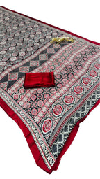 Semi Gajji Silk Saree with Ajrakh Print Border & Rich Pallu