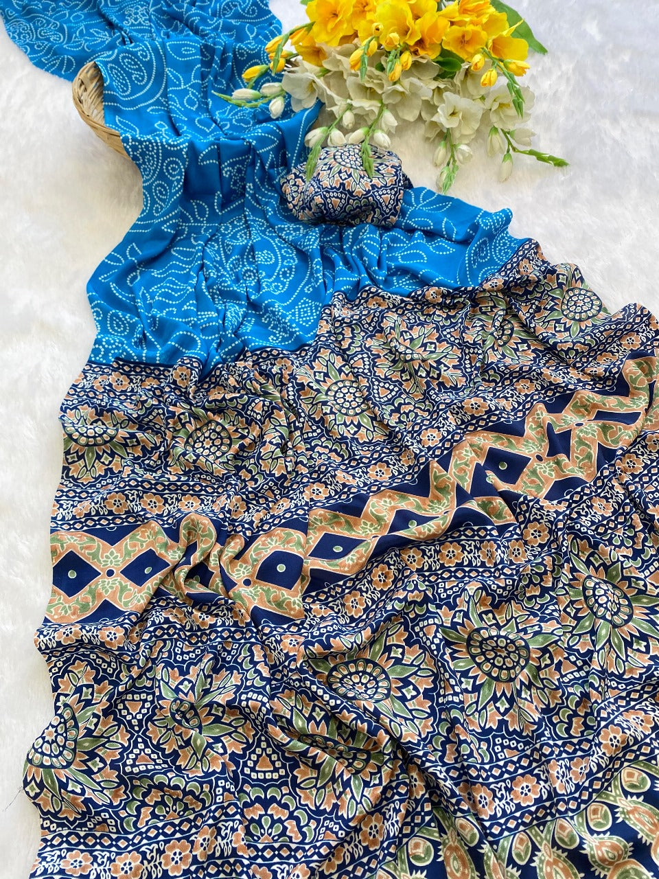 Premium Crepe Silk Saree – Ajrakh Prints with Bandhani Dot Style & Ajrakh Pallu