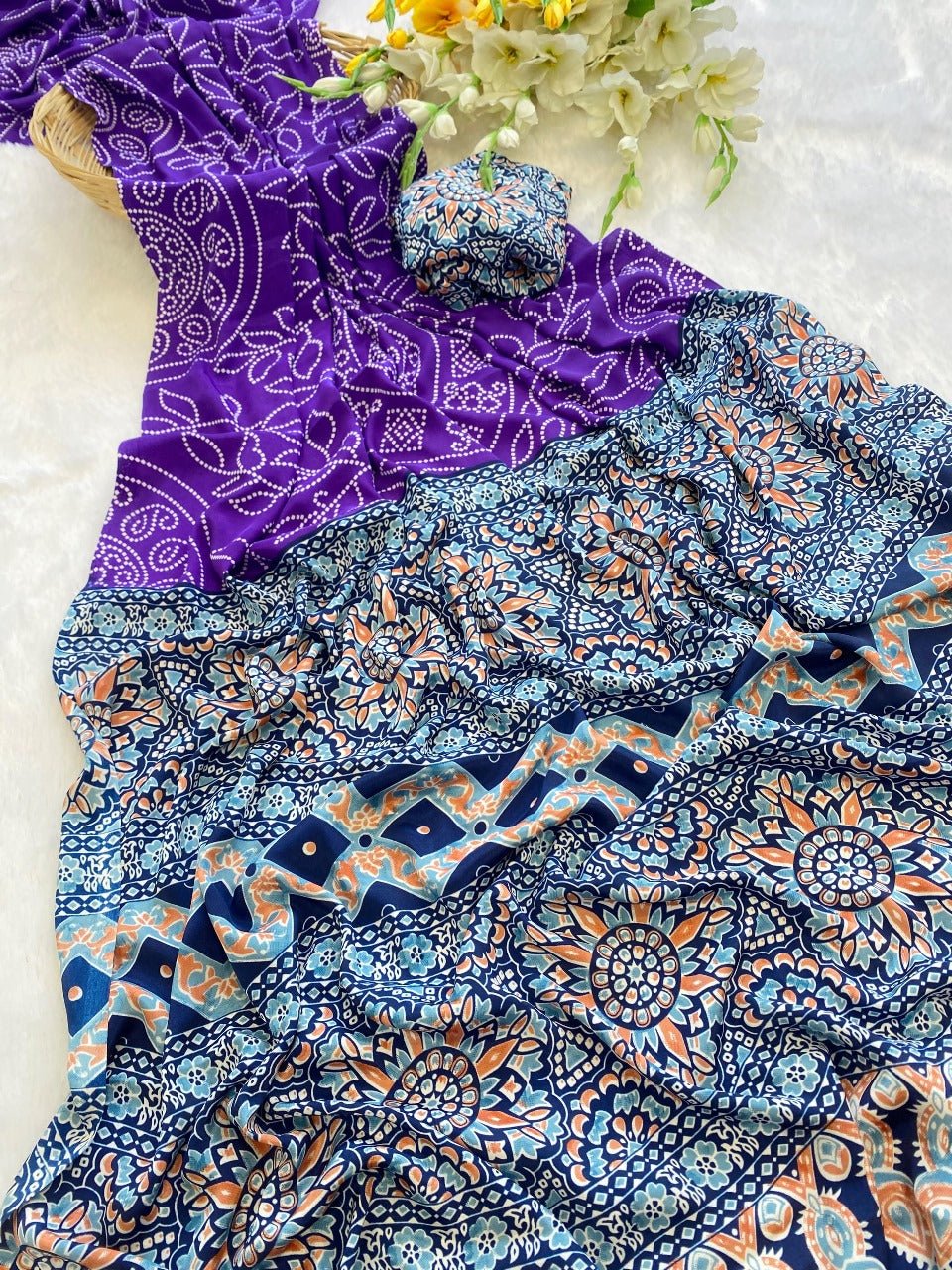 Premium Crepe Silk Saree – Ajrakh Prints with Bandhani Dot Style & Ajrakh Pallu