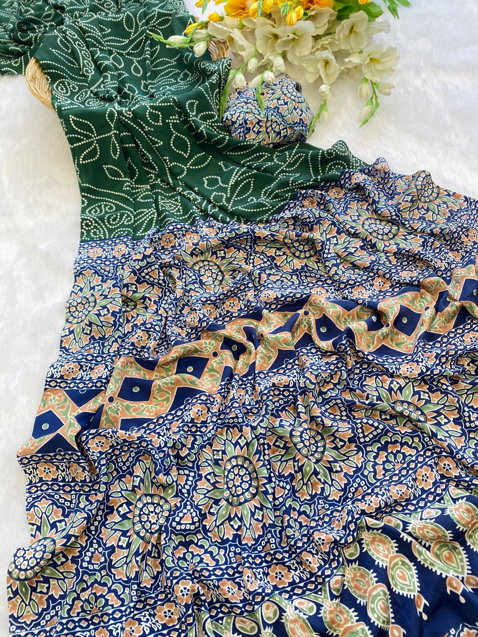 Premium Crepe Silk Saree – Ajrakh Prints with Bandhani Dot Style & Ajrakh Pallu