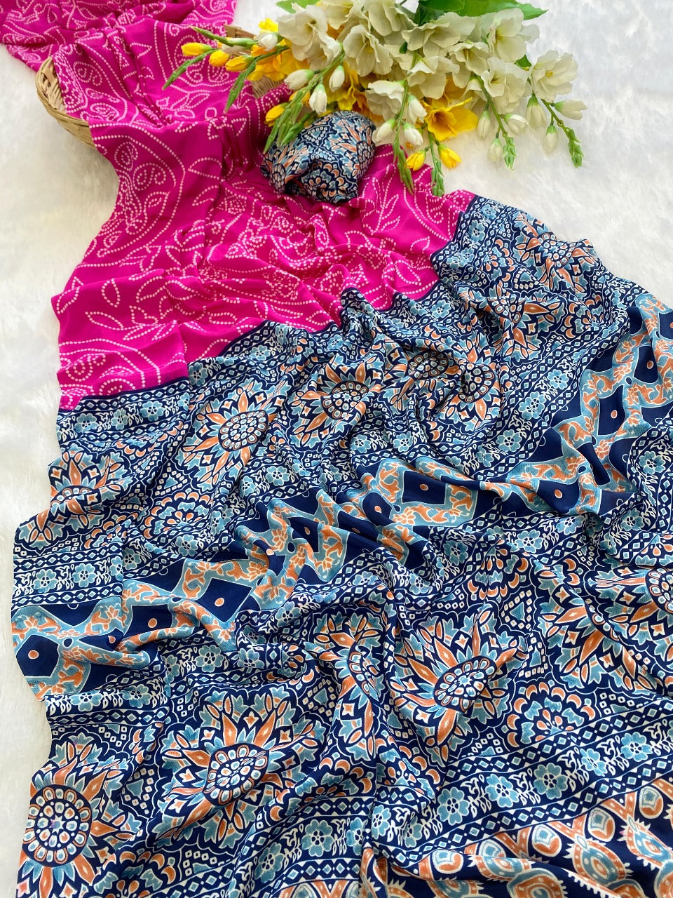 Premium Crepe Silk Saree – Ajrakh Prints with Bandhani Dot Style & Ajrakh Pallu