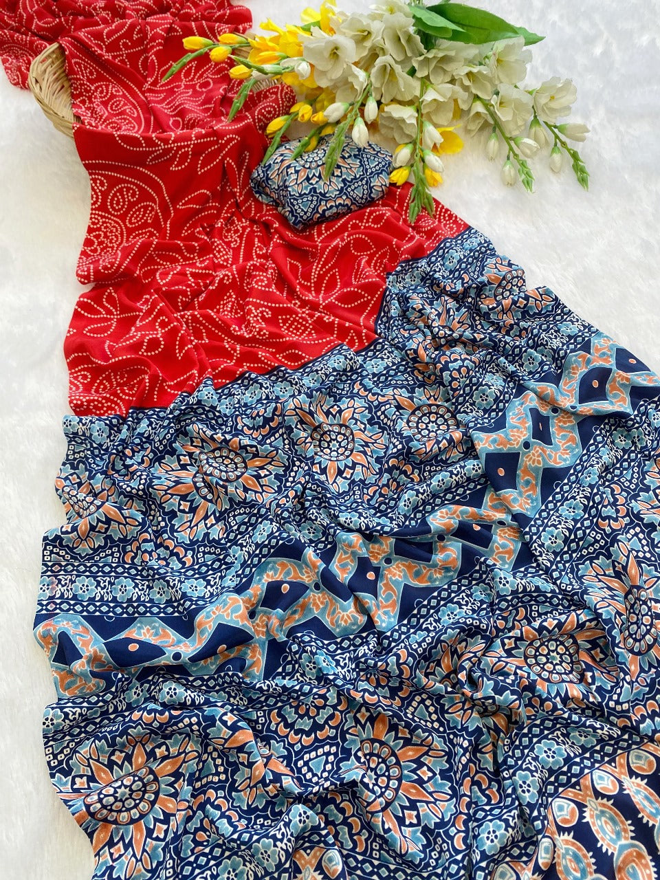 Premium Crepe Silk Saree – Ajrakh Prints with Bandhani Dot Style & Ajrakh Pallu