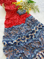 Premium Crepe Silk Saree – Ajrakh Prints with Bandhani Dot Style & Ajrakh Pallu