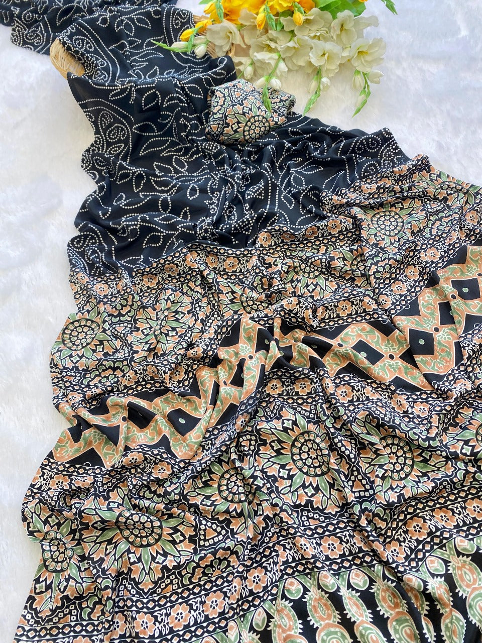 Premium Crepe Silk Saree – Ajrakh Prints with Bandhani Dot Style & Ajrakh Pallu