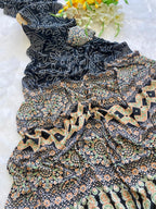 Premium Crepe Silk Saree – Ajrakh Prints with Bandhani Dot Style & Ajrakh Pallu