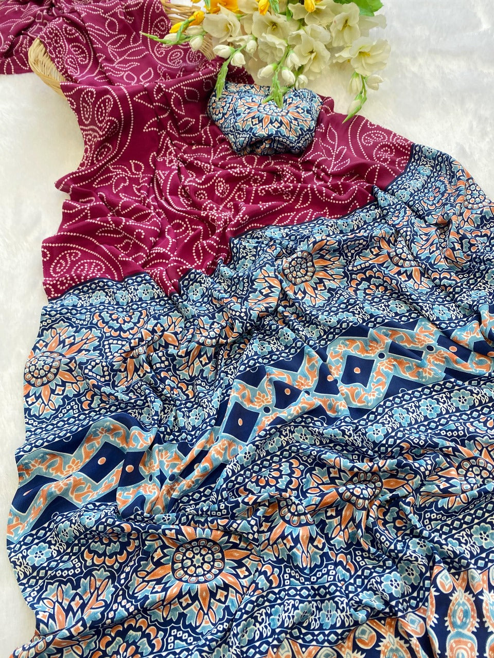 Premium Crepe Silk Saree – Ajrakh Prints with Bandhani Dot Style & Ajrakh Pallu