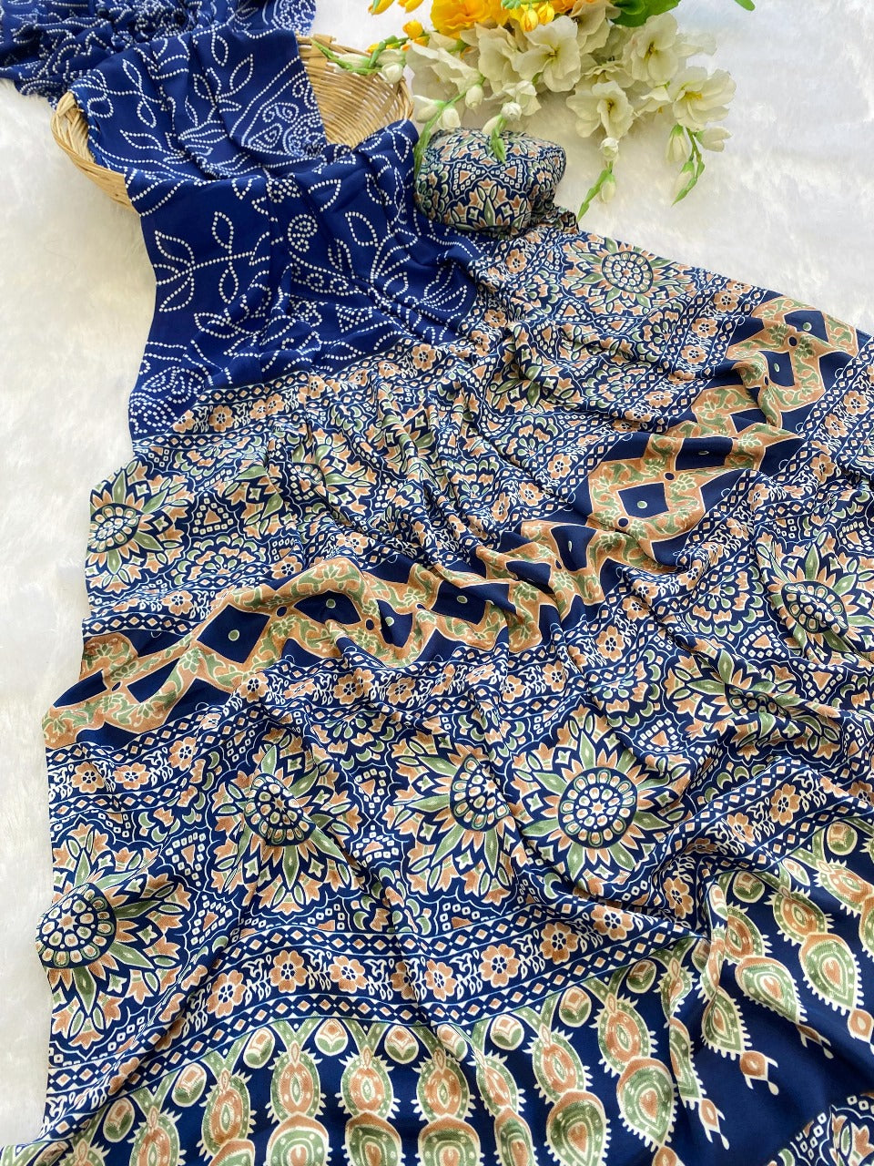 Premium Crepe Silk Saree – Ajrakh Prints with Bandhani Dot Style & Ajrakh Pallu