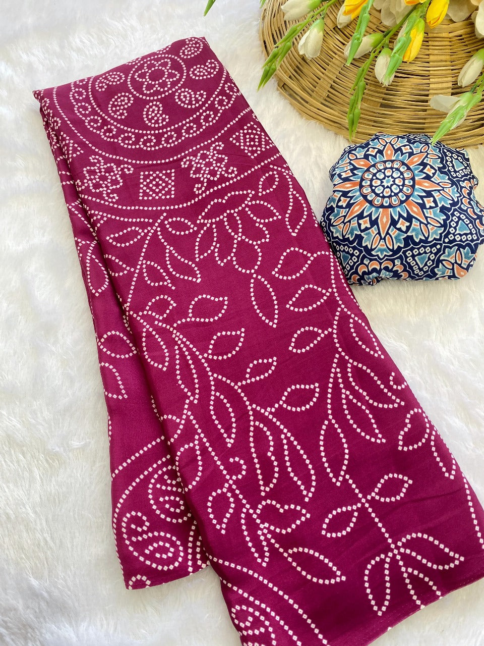 Premium Crepe Silk Saree – Ajrakh Prints with Bandhani Dot Style & Ajrakh Pallu