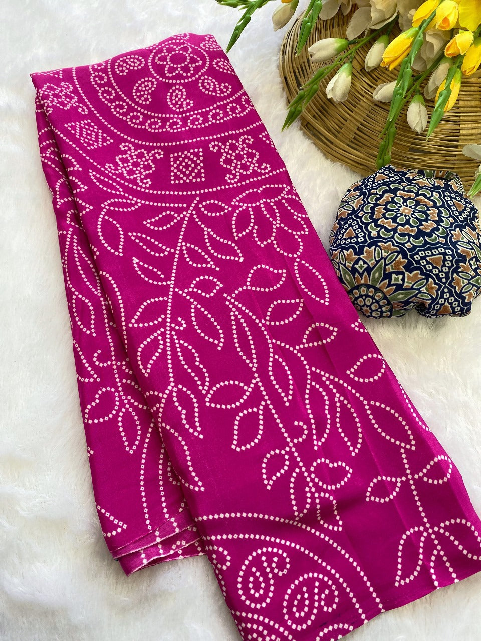 Premium Crepe Silk Saree – Ajrakh Prints with Bandhani Dot Style & Ajrakh Pallu