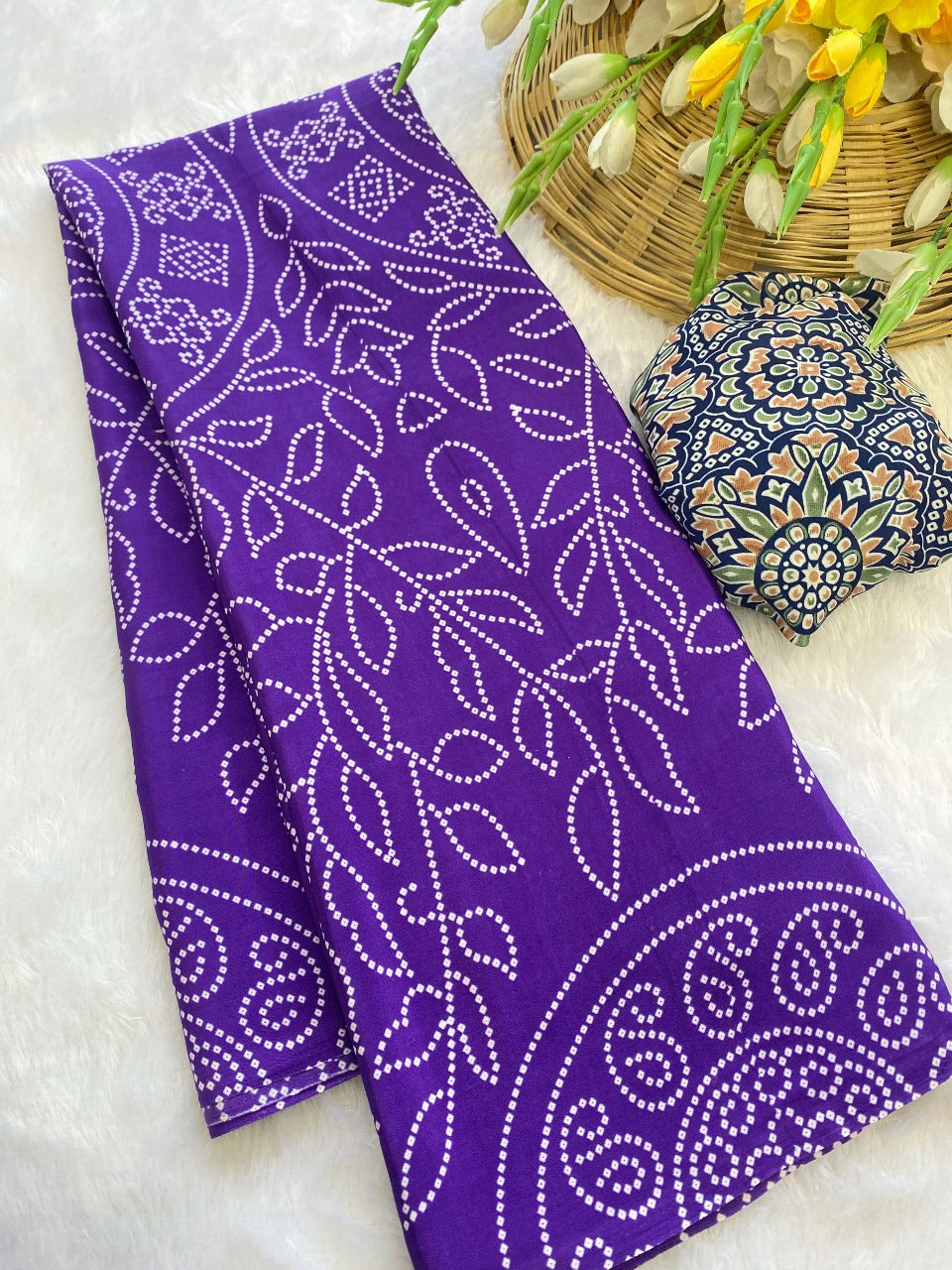 Premium Crepe Silk Saree – Ajrakh Prints with Bandhani Dot Style & Ajrakh Pallu