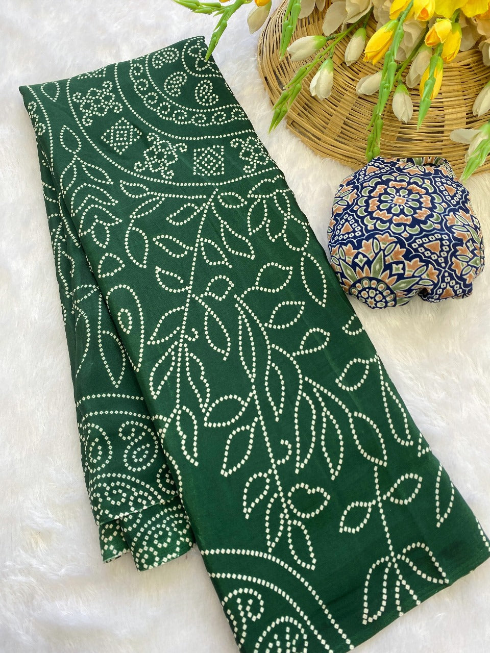 Premium Crepe Silk Saree – Ajrakh Prints with Bandhani Dot Style & Ajrakh Pallu