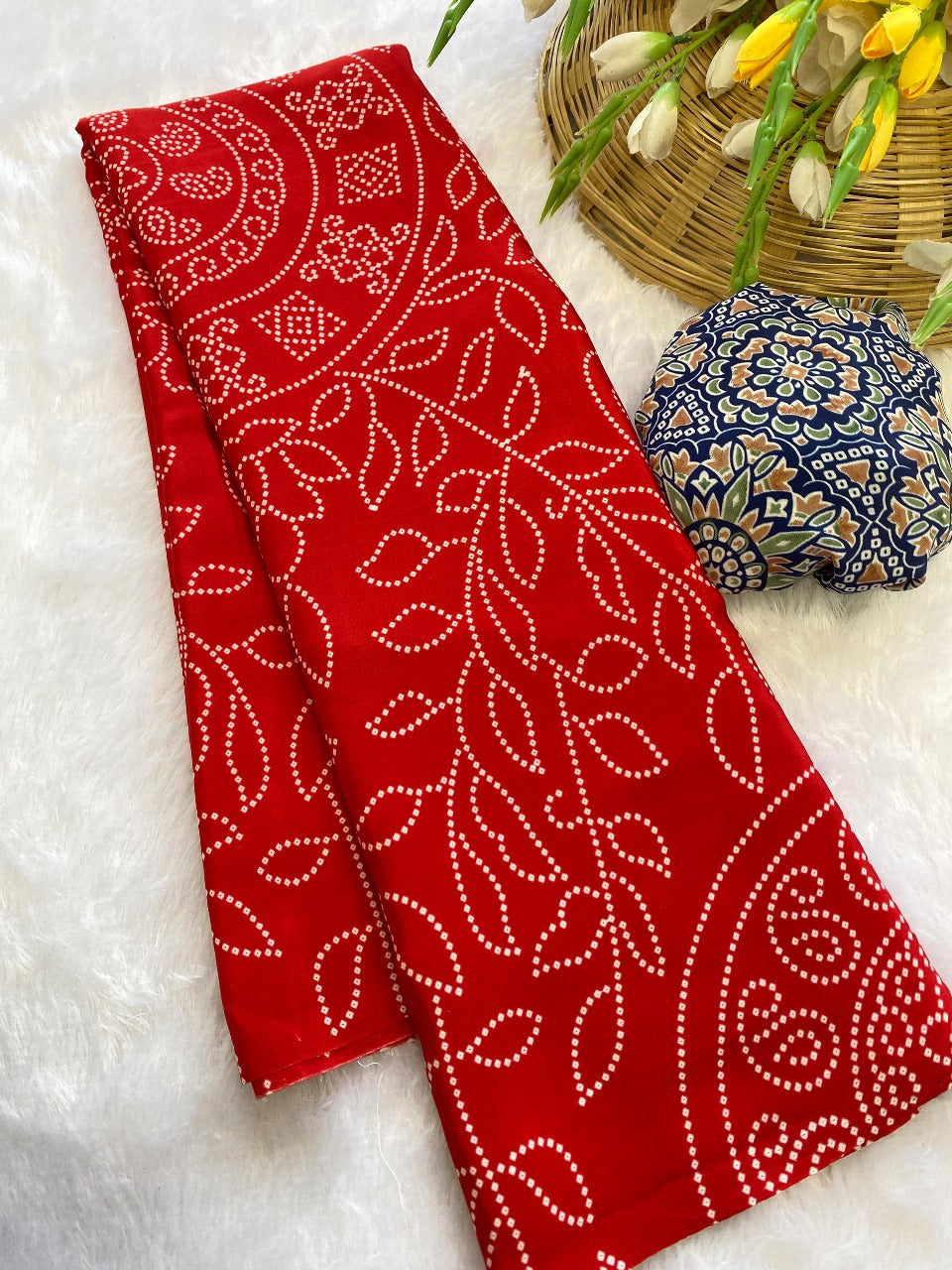 Premium Crepe Silk Saree – Ajrakh Prints with Bandhani Dot Style & Ajrakh Pallu