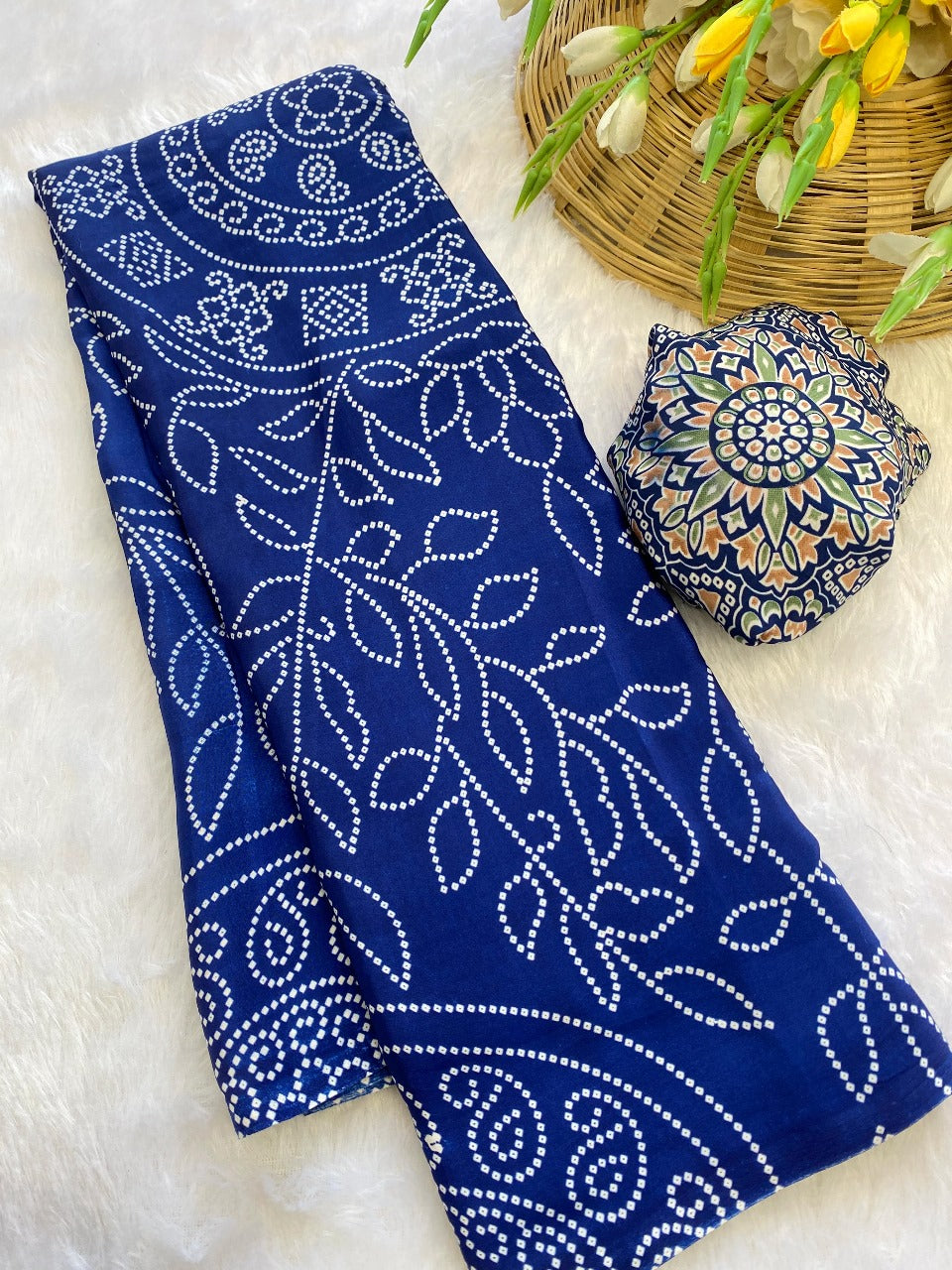 Premium Crepe Silk Saree – Ajrakh Prints with Bandhani Dot Style & Ajrakh Pallu