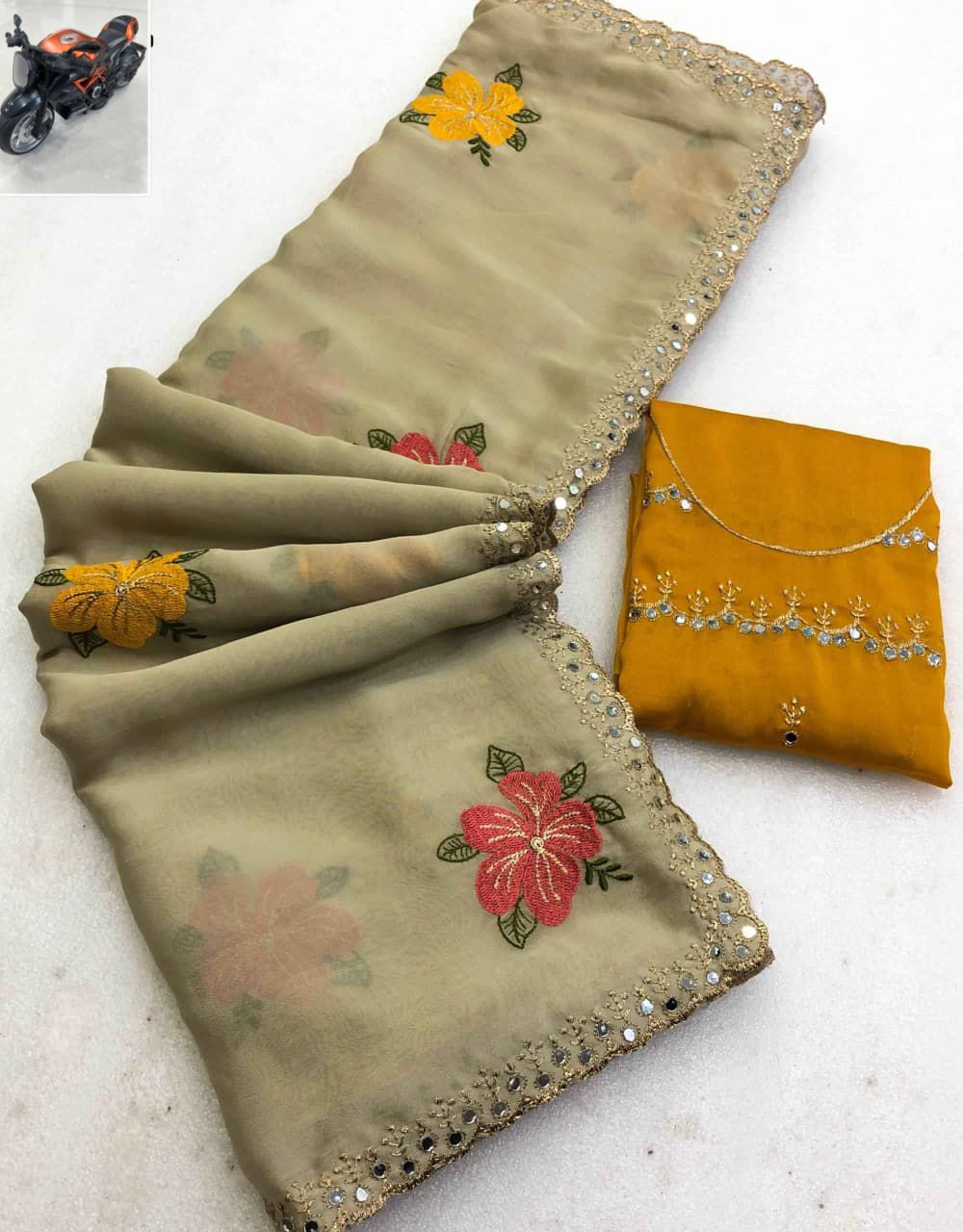 Premium Chiffon Saree – Floral Embroidery with Mirror Work Scalloped Cutwork Border