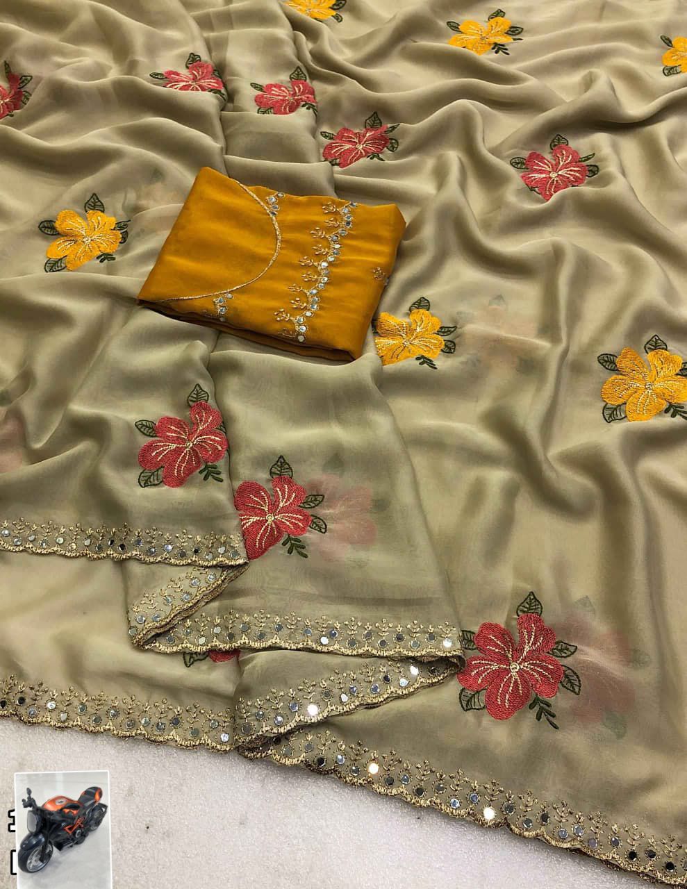 Premium Chiffon Saree – Floral Embroidery with Mirror Work Scalloped Cutwork Border