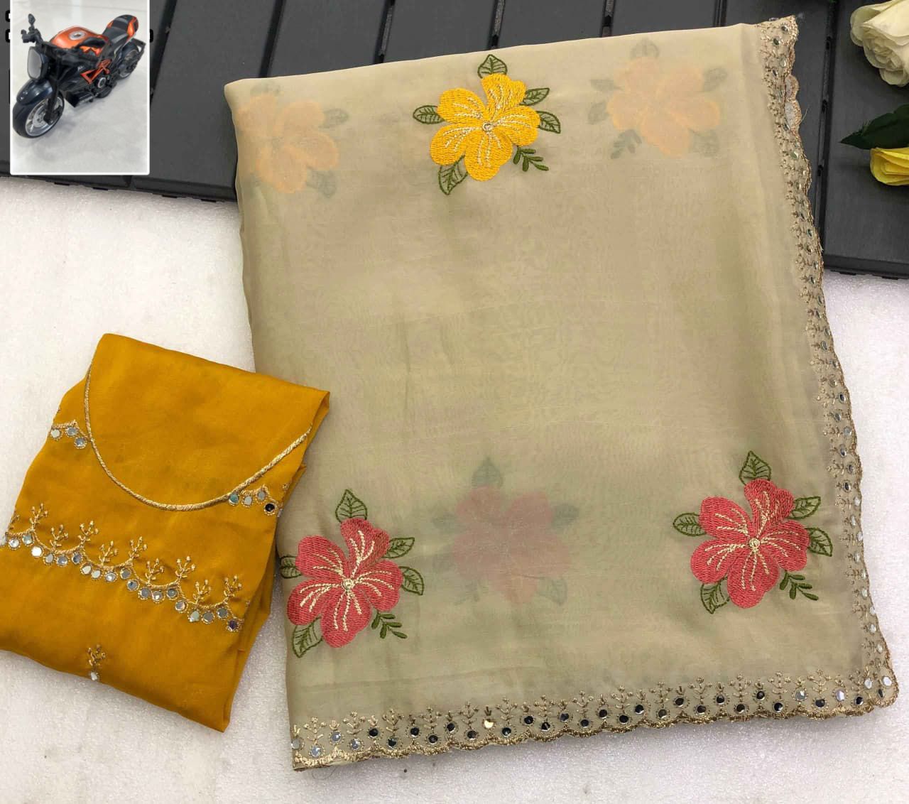 Premium Chiffon Saree – Floral Embroidery with Mirror Work Scalloped Cutwork Border
