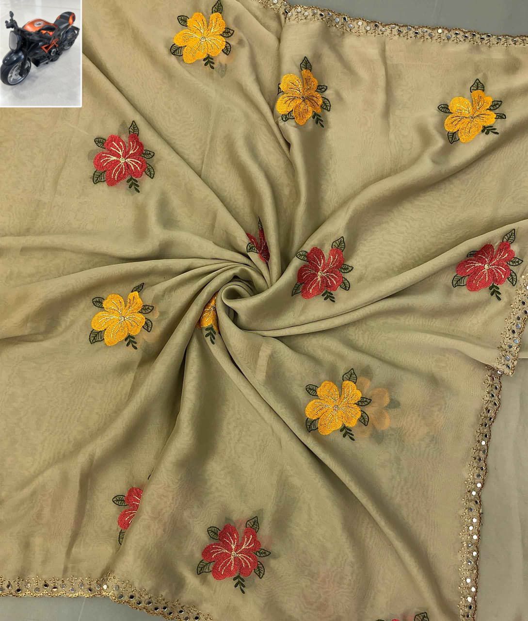 Premium Chiffon Saree – Floral Embroidery with Mirror Work Scalloped Cutwork Border