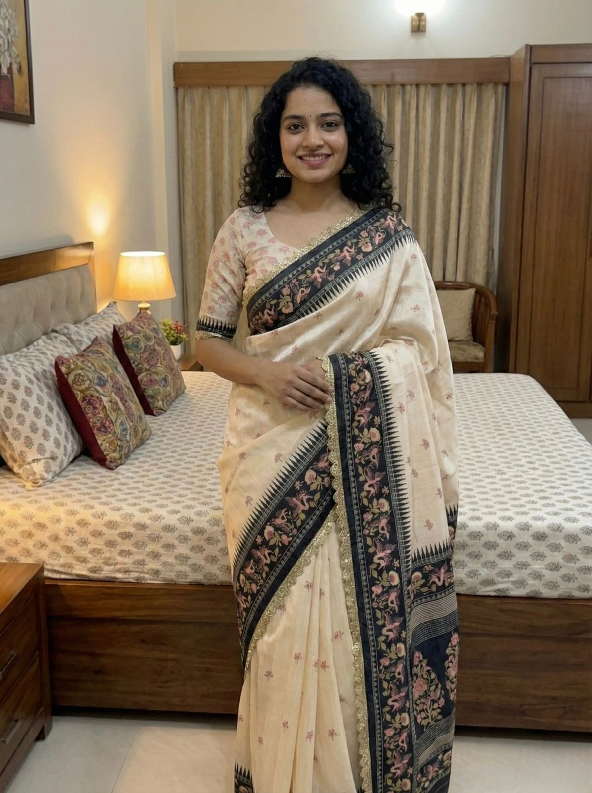 Pure Tussar Silk Slub Saree with Digital Print & Designer Sequin Cutwork Border