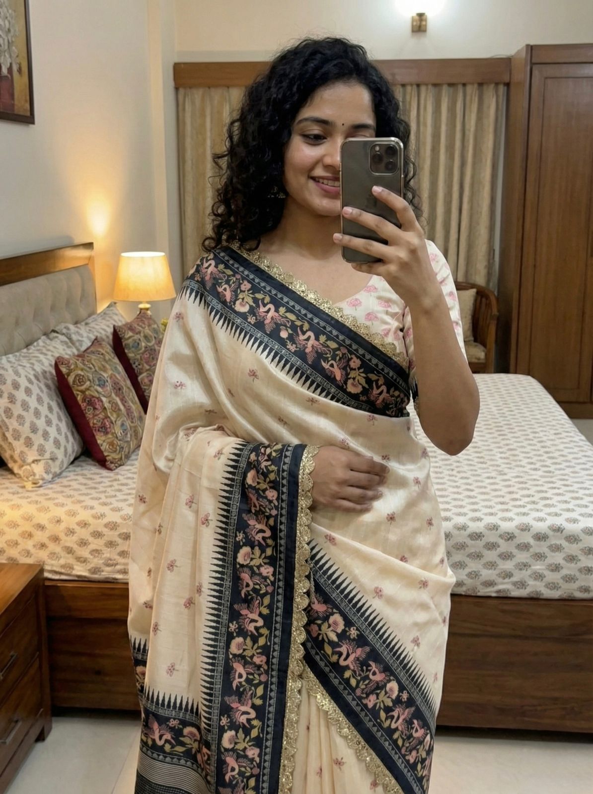 Pure Tussar Silk Slub Saree with Digital Print & Designer Sequin Cutwork Border