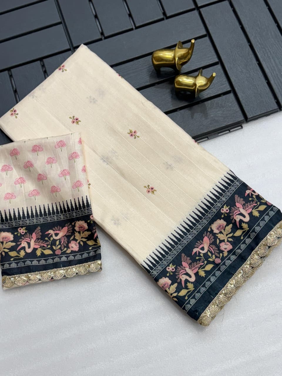 Pure Tussar Silk Slub Saree with Digital Print & Designer Sequin Cutwork Border