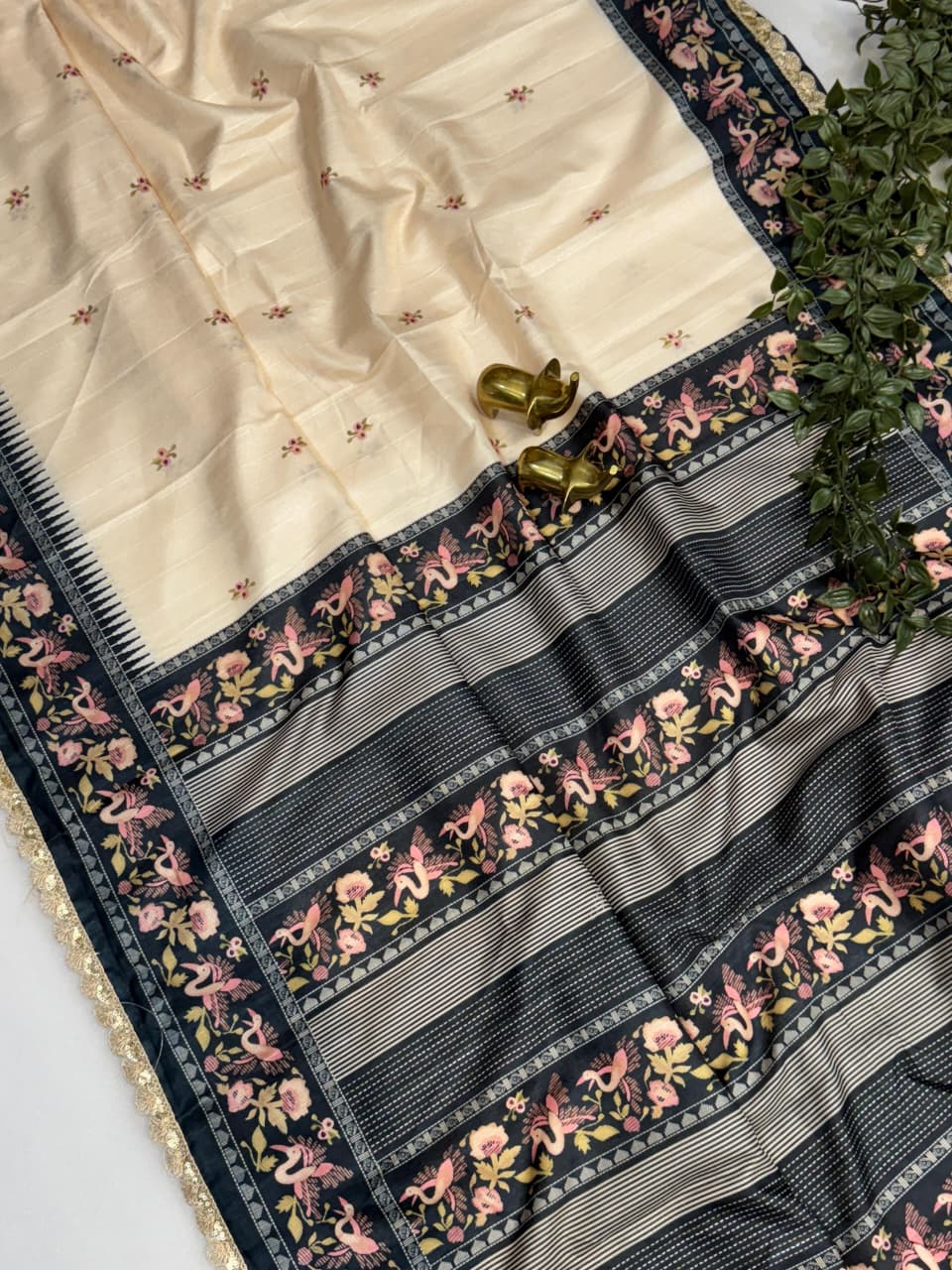 Pure Tussar Silk Slub Saree with Digital Print & Designer Sequin Cutwork Border