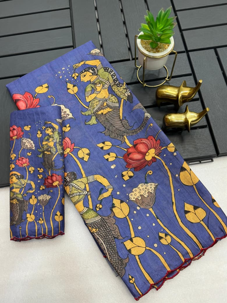 Handloom Tussar Silk Saree with Kalamkari Digital Print & Arco Border – Premium Collection