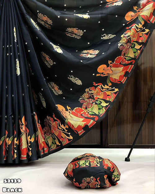 Handloom Tussar Silk Kalamkari Digital Print Saree with Tassel Pallu