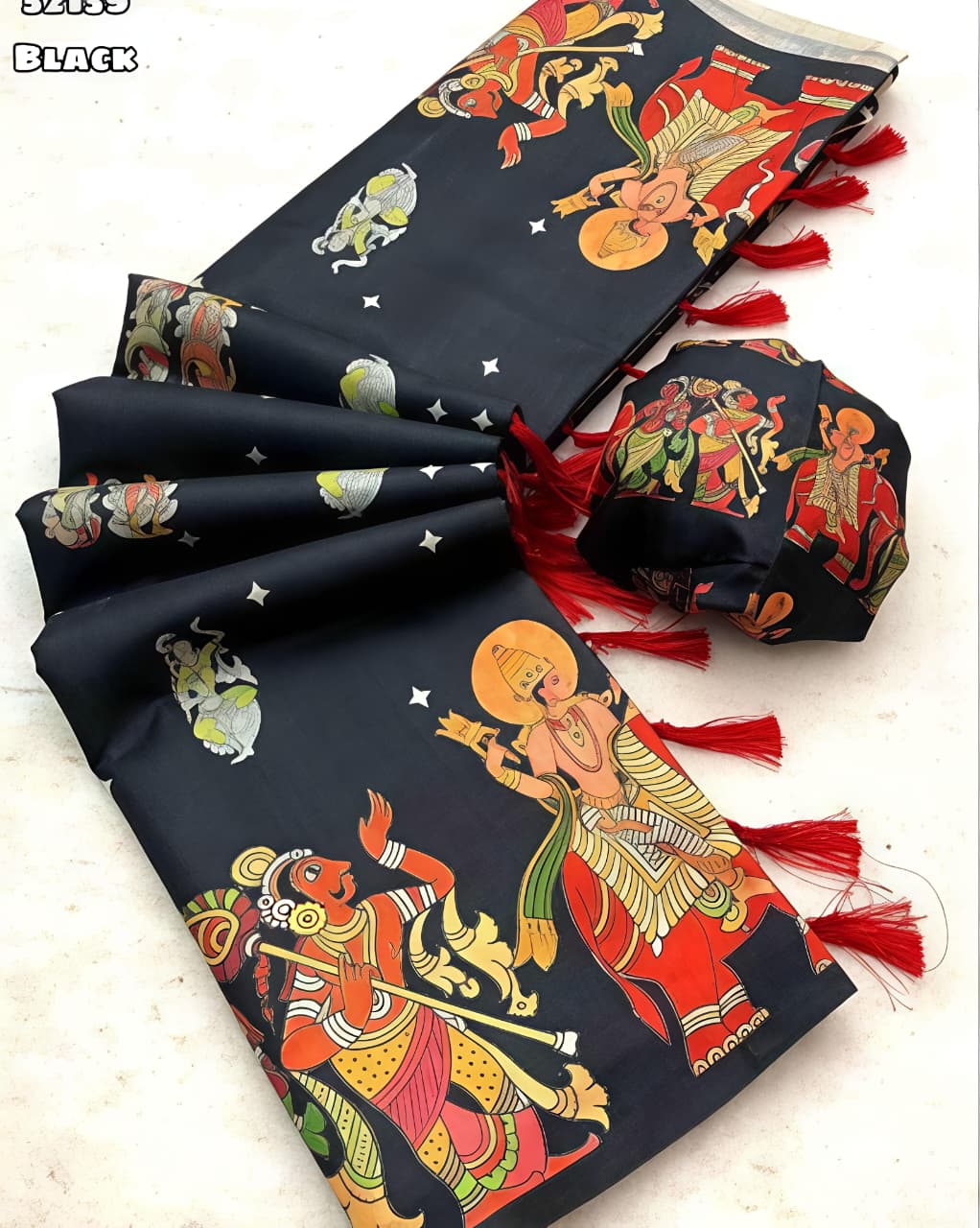 Handloom Tussar Silk Kalamkari Digital Print Saree with Tassel Pallu