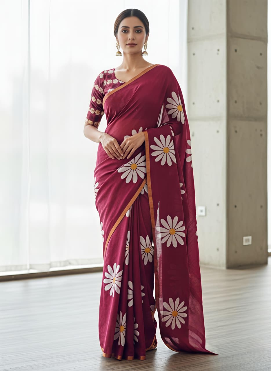 Blooming Floral Digital Print Heavy Linen Saree with Motif Tassels & Gold Border – Boutique-Ready Ethnic Elegance