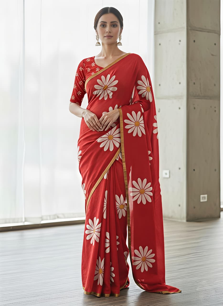 Blooming Floral Digital Print Heavy Linen Saree with Motif Tassels & Gold Border – Boutique-Ready Ethnic Elegance