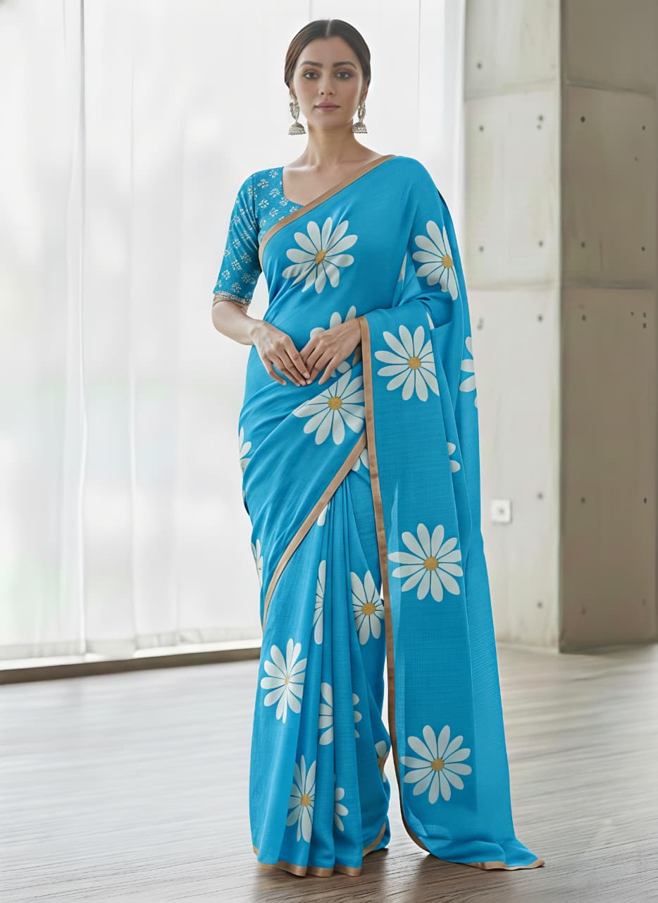 Blooming Floral Digital Print Heavy Linen Saree with Motif Tassels & Gold Border – Boutique-Ready Ethnic Elegance
