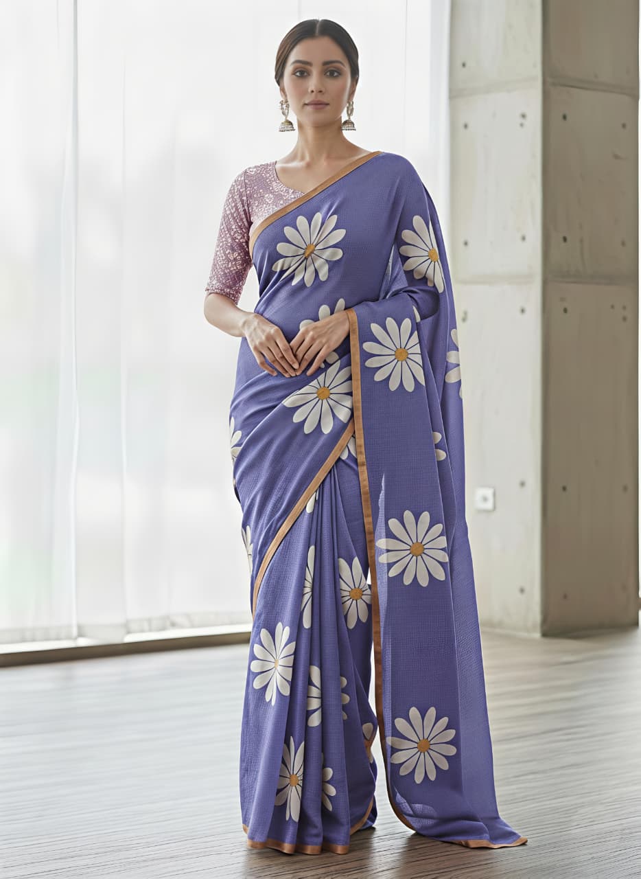 Blooming Floral Digital Print Heavy Linen Saree with Motif Tassels & Gold Border – Boutique-Ready Ethnic Elegance