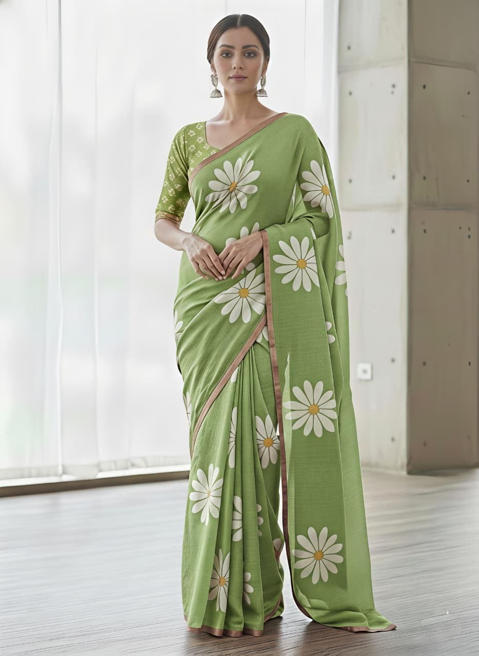 Blooming Floral Digital Print Heavy Linen Saree with Motif Tassels & Gold Border – Boutique-Ready Ethnic Elegance