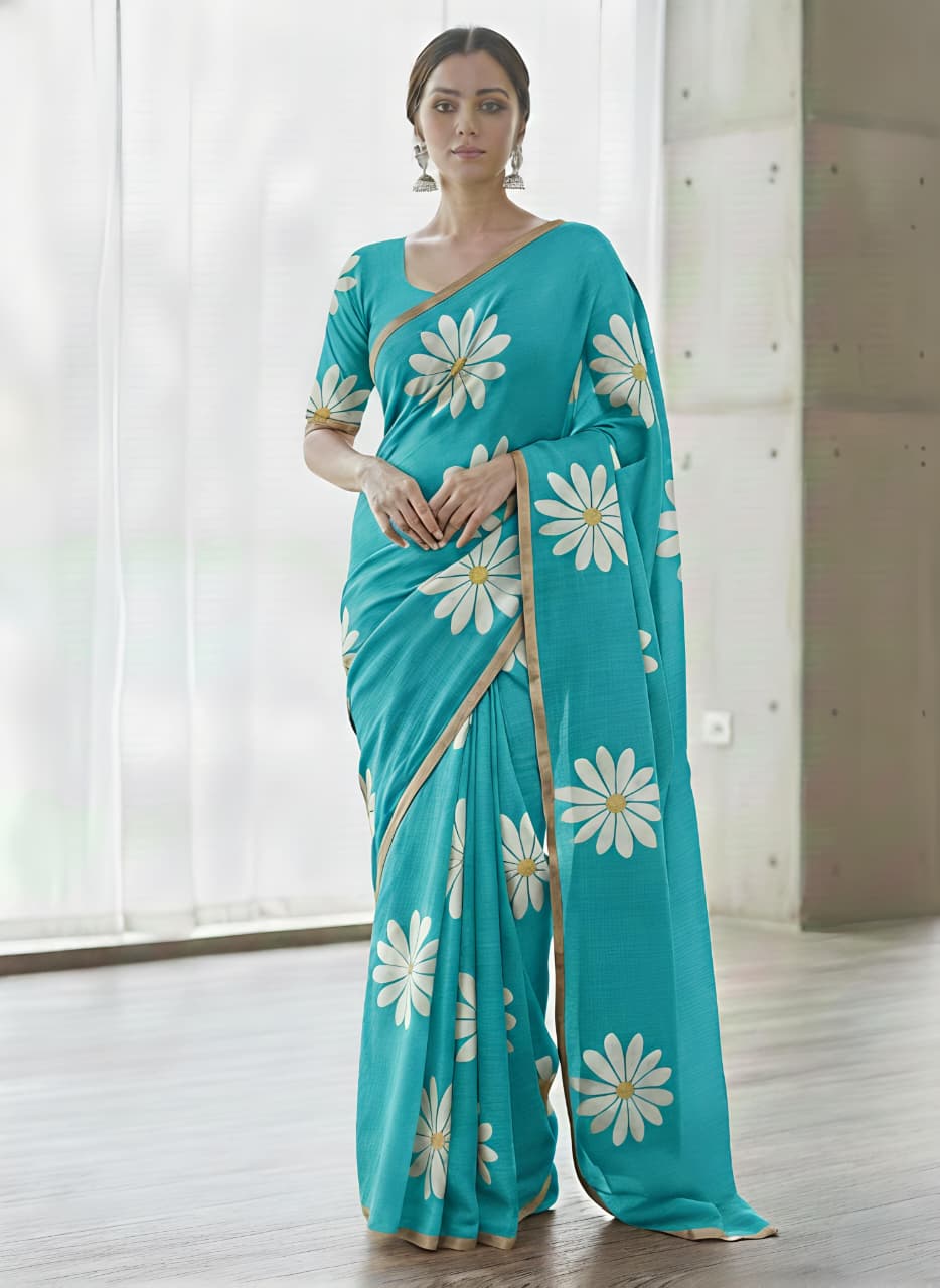Blooming Floral Digital Print Heavy Linen Saree with Motif Tassels & Gold Border – Boutique-Ready Ethnic Elegance