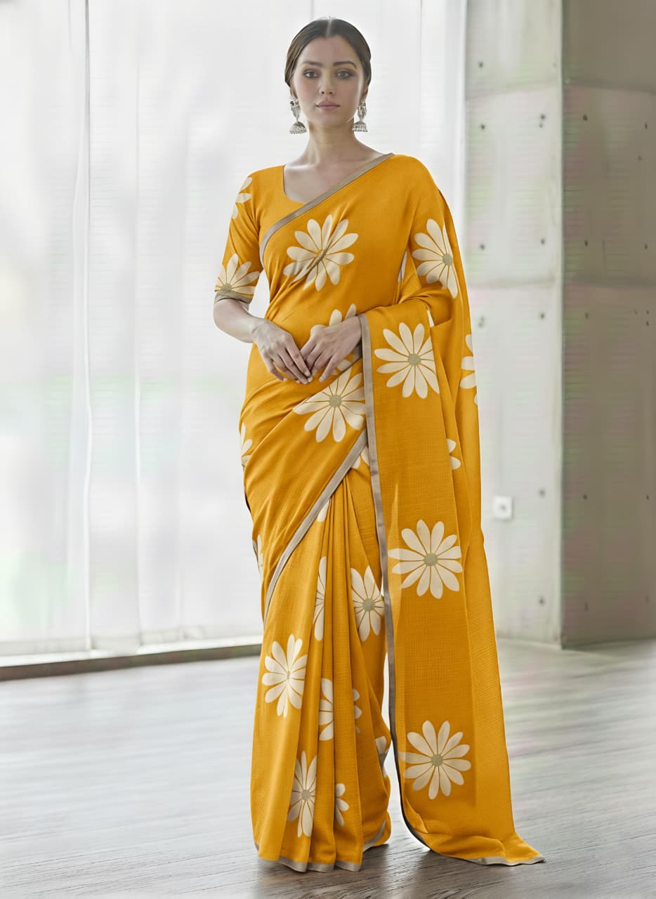Blooming Floral Digital Print Heavy Linen Saree with Motif Tassels & Gold Border – Boutique-Ready Ethnic Elegance