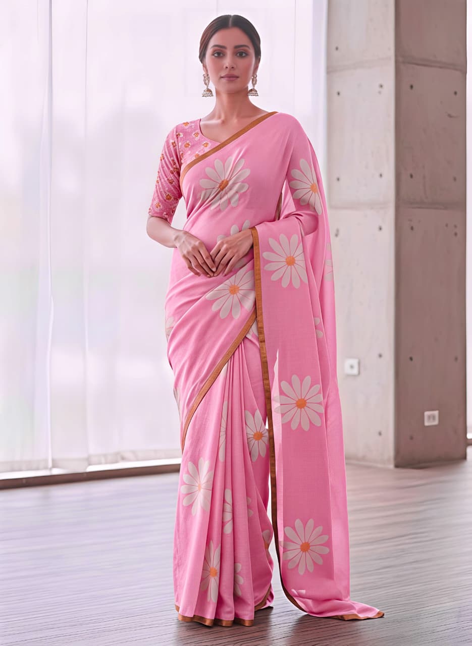 Blooming Floral Digital Print Heavy Linen Saree with Motif Tassels & Gold Border – Boutique-Ready Ethnic Elegance
